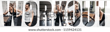 Collage of a fit young woman exercising alone and with a partner in a gym with an overlay of the word workout