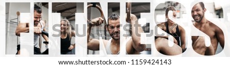 Collage of two fit young people smiling while working out together in a gym with an overla of the word fitness