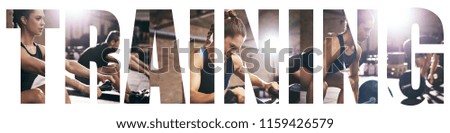 Collage of a fit young woman in sportswear working out with gym equipment with an overlay of the word training