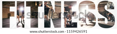 Collage of two fit young people in sportswear working out together with different gym equipment with an overlay of the word fitness