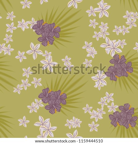 Summer seamless pattern with tropical flowers and leaves.