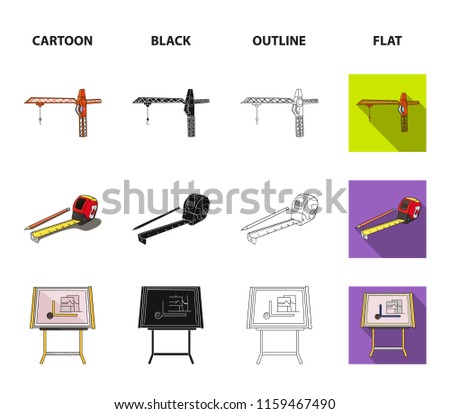Construction crane, measuring tape measure, drawing board, computer. Architecture set collection icons in cartoon,black,outline,flat style vector symbol stock illustration web.