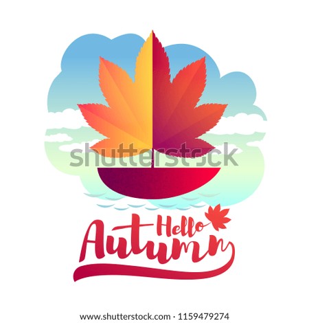 Vector autumn illustration. A boat with a sail in the form of an autumn leaf floating in a puddle and isolated on a white background.