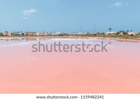 Pink colored water mirroring the town in large salines in formentera spain