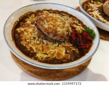 Japanese Hamburger Curry Rice And Mozzarella Cheese On Top With Rice Stock Image