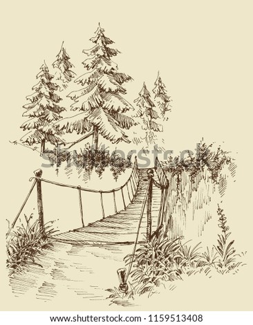 Suspension bridge in the forest, nature sketch