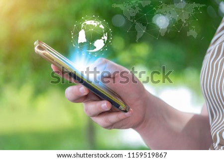 Networking people and social network concept, Hand women with smart phone mobile on blurred bokeh nature background