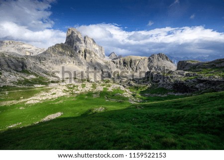 Amazing landscapes view of green mountain with blue sky on summer from Dolomites, Italy.