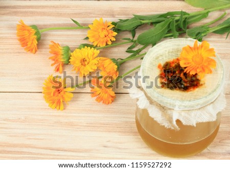 Filtering of organic calendula ointment into a glass. Homemade preparation of organic  healing ointment from fresh marigold flowers, leaves and lard or vaseline