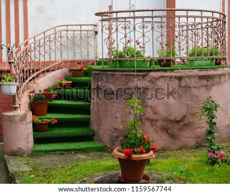 circular concrete steps of stairway with flowers in pot  in a green garden