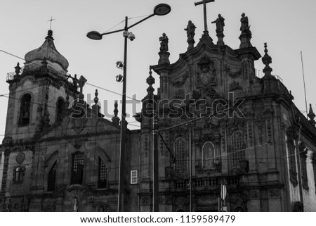 Beautiful church in the city of Porto, Black and white, Portugal