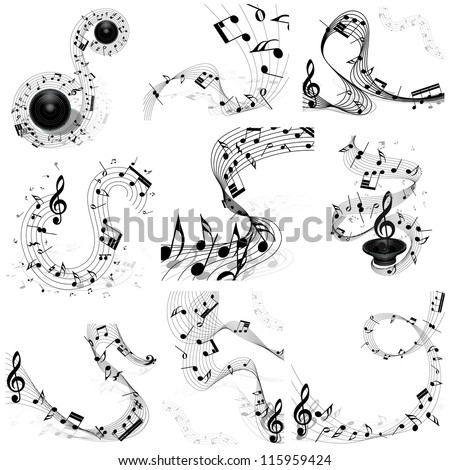 Musical Design  Elements Set From Music Staff With Treble Clef And Notes in Black and White Colors. Vector Illustration.