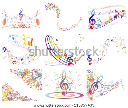 Multicolour  musical notes staff background. Vector illustration.