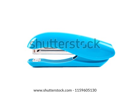 Blue stapler isolated on white background. School stationery