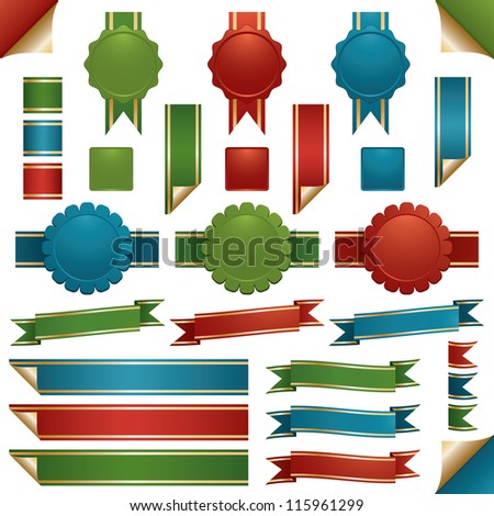 glossy red, green and blue ribbons and emblems with gold trim, isolated on white