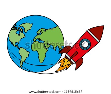 startup rocket with earth planet isolated icon