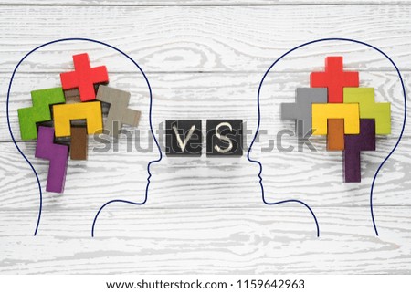 Human brain concept. Heads of two people with colourful shapes of abstract brain for concept of idea and teamwork. Two people with different thinking.