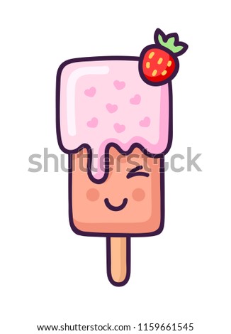 Cute little ice cream with strawberry. Cartoon character. Sticker, patch, badge, pin for kids, children, babies. Vector illustration.
