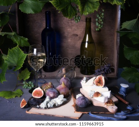 wine and fruits with cheese dessert