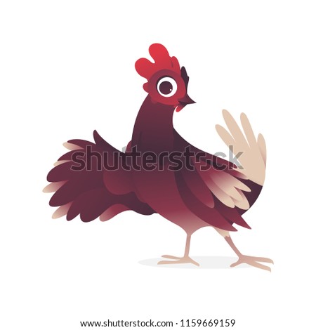 Vector illustration of chicken cartoon character standing with welcome sign isolated on white background. Cute domestic farm poultry greeting someone with wing for agriculture concept.