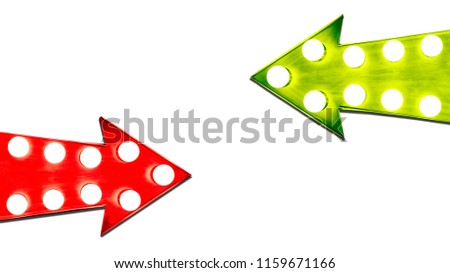 Pros and cons red and green leaf right vintage retro arrows illuminated with light bulbs. Concept image for advantages and disadvantages, risk and opportunity. Cut out isolated on white background.