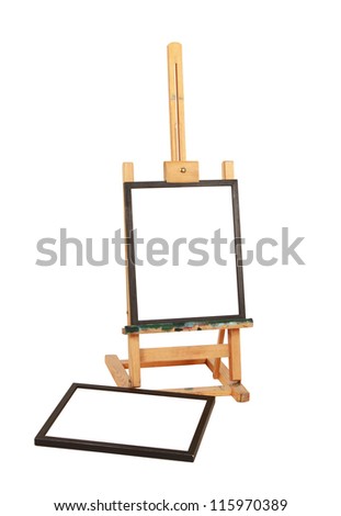 Isolated easel with empty canvas frame with clipping path