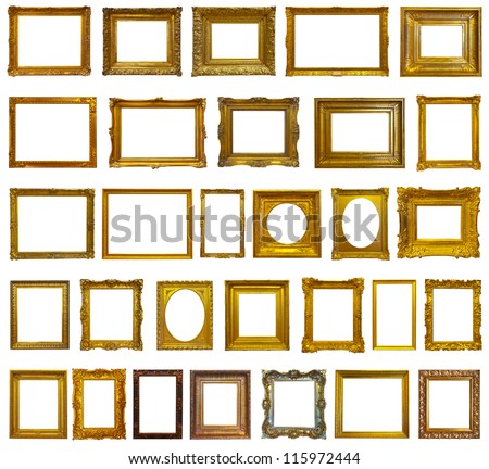 Set of 30 gold picture frames. Isolated over white background with clipping path