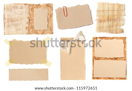 Collection of various grunge paper pieces on white background. each one is shot separately