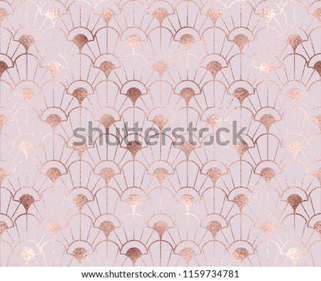 Art deco seamless pattern with rose gold decorative flowers shapes.