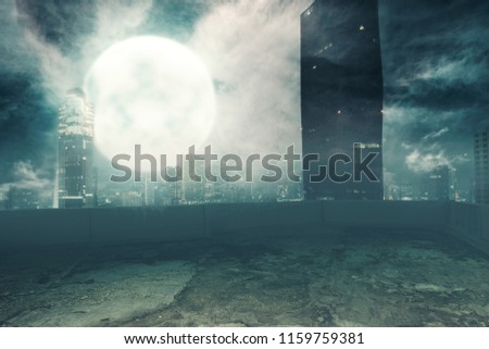 Dramatic view of cityscape at night. Halloween background