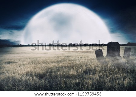 Creepy grass fields with graves and tombstone on the midnight. Halloween background