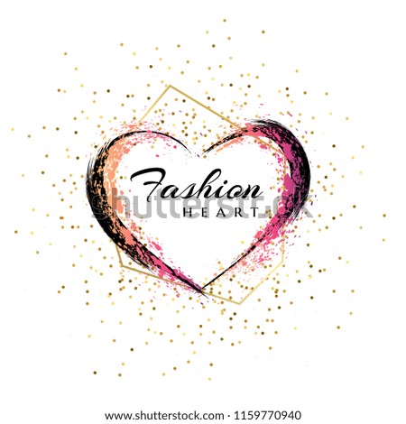 Fashion emblem. Heart shape frame.  Makeup mascara brush stroke with golden and pink splash decoration. Hand drawn abstract design element.