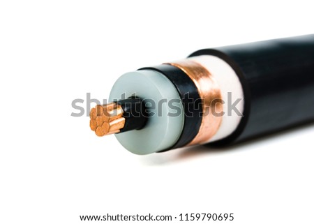 Electrical power cable on white background. Copper wire is the electric conductor of urban society. Royalty-Free Stock Photo #1159790695