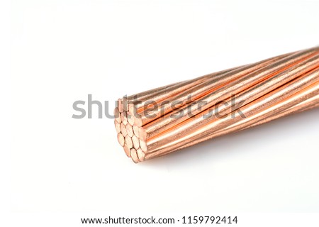 Electrical power cable on white background. Copper wire is the electric conductor of urban society. Royalty-Free Stock Photo #1159792414