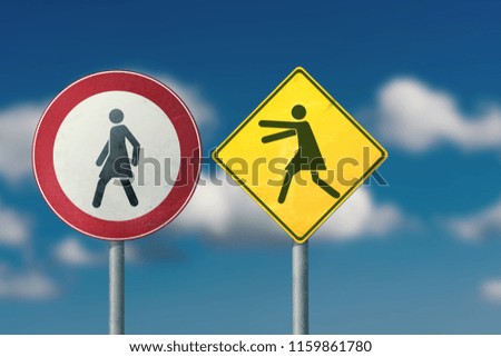 Rivalry, competition, sale, panic -walking and running women. Road signs.