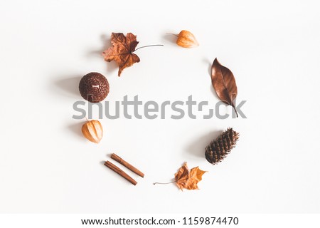 Autumn composition. Wreath made of autumn things on white background. Flat lay, top view, square, copy space