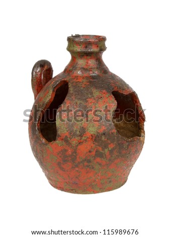 Old red vase from clay, the handwork, isolated on a white background
