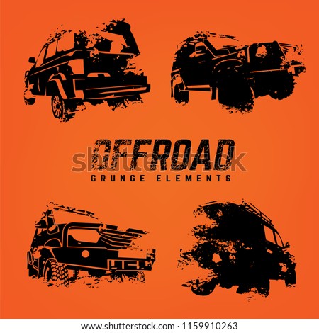 Off-road logo elements set. Extreme competition emblem. Off-roading suv adventure and car club design materials. Beautiful vector textured  illustration in black color isolated on orange background.
