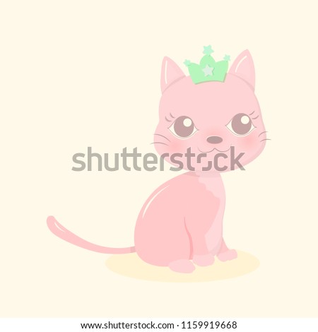 Cute pink little cat with green crown in yellow background. Pastel color concept. Cartoon vector illustration.