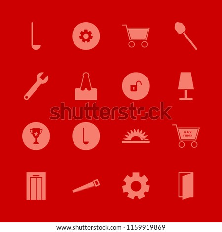 metallic vector icons set. with trophy cup, open lock, ladle spoon and gear in set