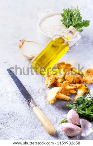 Ingredients for mushroom Risotto: chanterelle mushrooms, arborio rice, garlic, wine, onion parsley and olive oil over a stone board