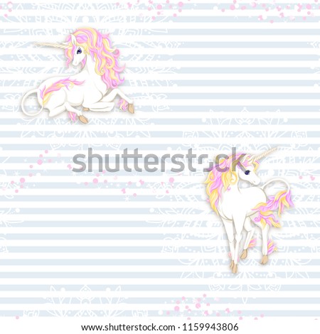 Seamless pattern, background with unicorn and  mandala pattern and glitter. Vector illustration. In soft pastel colors. On blue and white stripes background.
