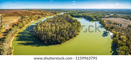Aerial panorama of a beautiful bend of the Murray River on bright sunny day in South Australia