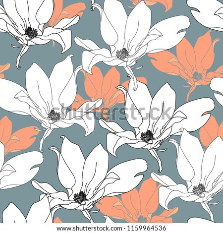 Floral seamless pattern. Vector background with flowers. Hand drawn artwork. Magnolia.