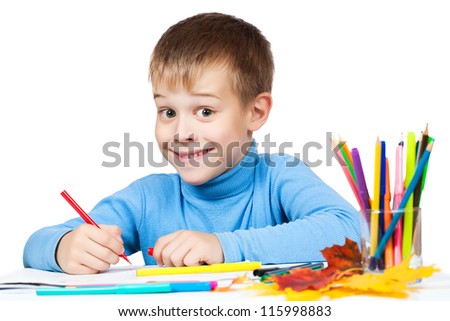 funny student is drawing with pencils