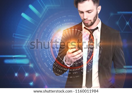 Bearded businessman in suit and tie holding smartphone looking at its screen. Blue background with immersive interface infographics. Toned image double exposure mock up