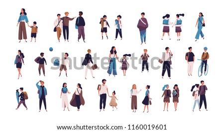 Crowd of pupils, school children with parents and students going to school, college or university. Tiny people on street isolated on white background. Colorful vector illustration in flat style.