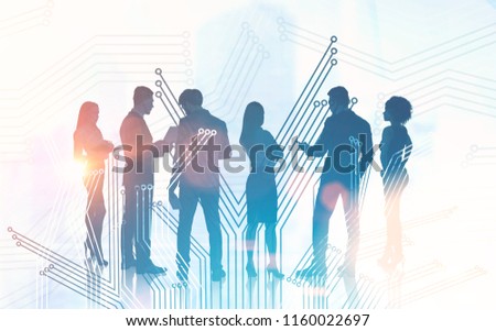 Diverse business team members discussing company development strategy. Glowing colorful circuits immersive interface over blurred cityscape. Toned image double exposure mock up