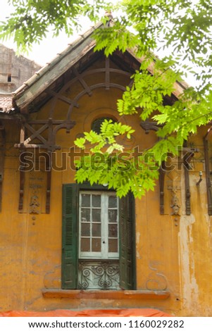 Beautiful green tree branch in front of ancient French villa in Hanoi (Vietnam)