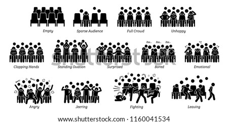 Audience, crowd, and people reactions toward stage performance. Pictograms depict spectators of live show emotions and actions such as happy, unhappy, clapping hands, surprised, bored, angry, and cry. Royalty-Free Stock Photo #1160041534